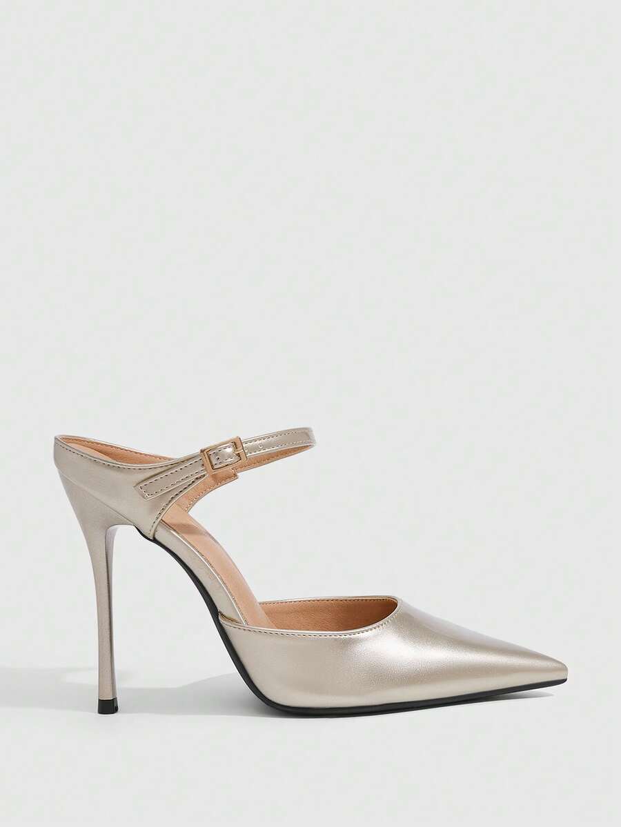 Burgundy pointed toe stiletto high heels with ankle strap buckle detail in patent PU leather