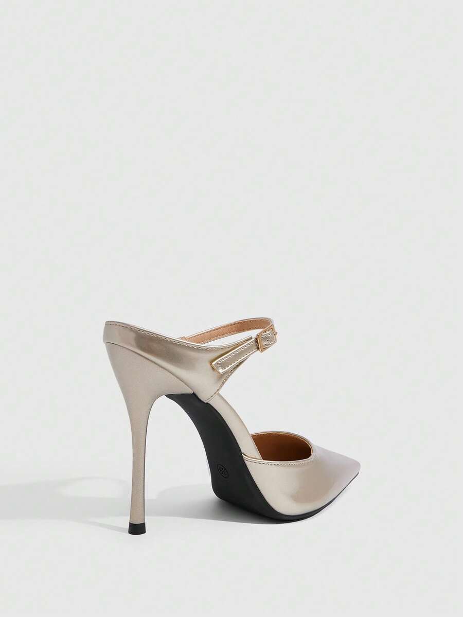 Burgundy pointed toe stiletto high heels with ankle strap buckle detail in patent PU leather