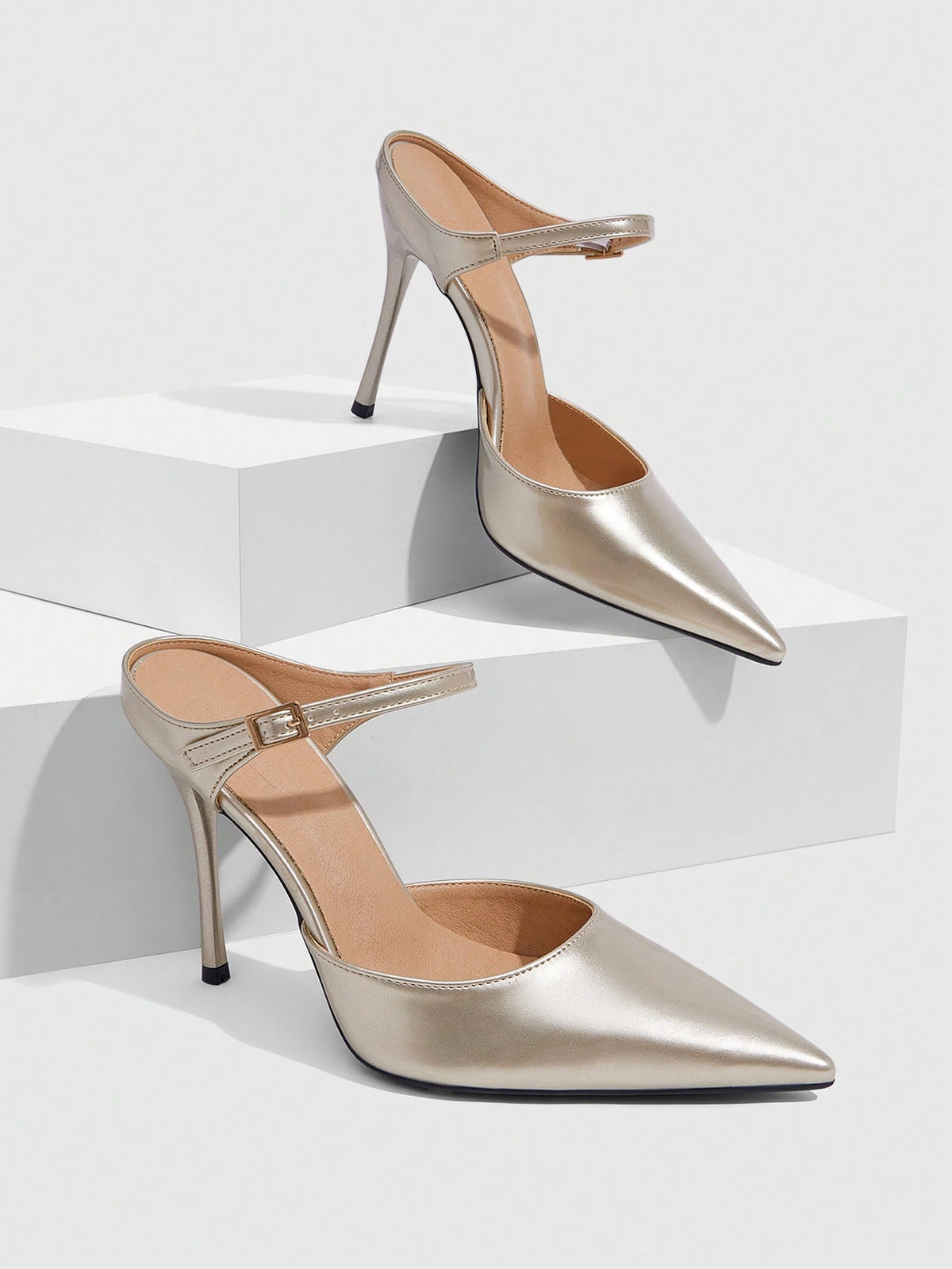 Burgundy pointed toe stiletto high heels with ankle strap buckle detail in patent PU leather