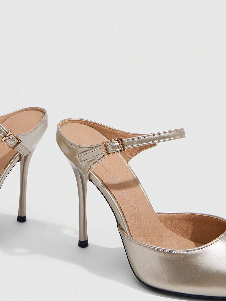 Burgundy pointed toe stiletto high heels with ankle strap buckle detail in patent PU leather