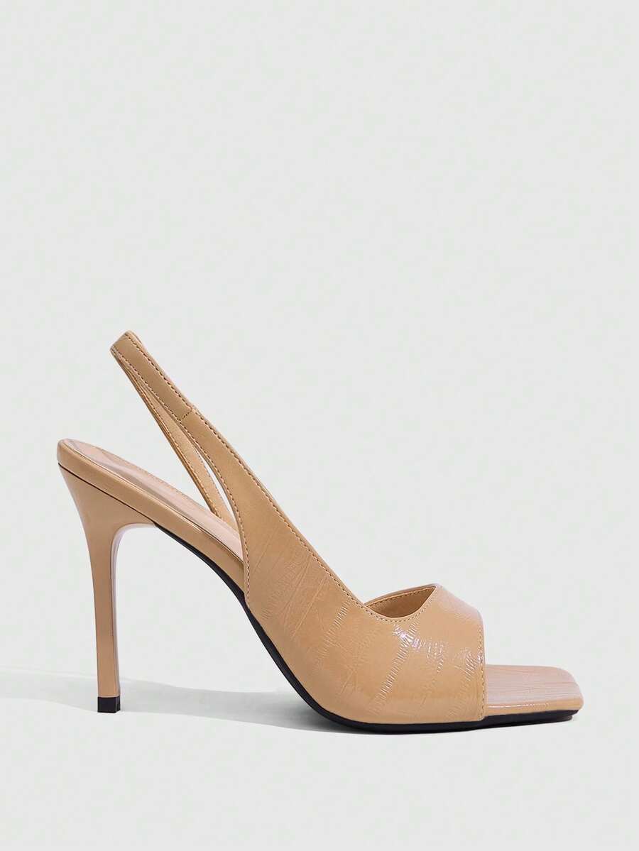Women's burgundy open toe high heel sandals featuring an embossed finish and slingback strap
