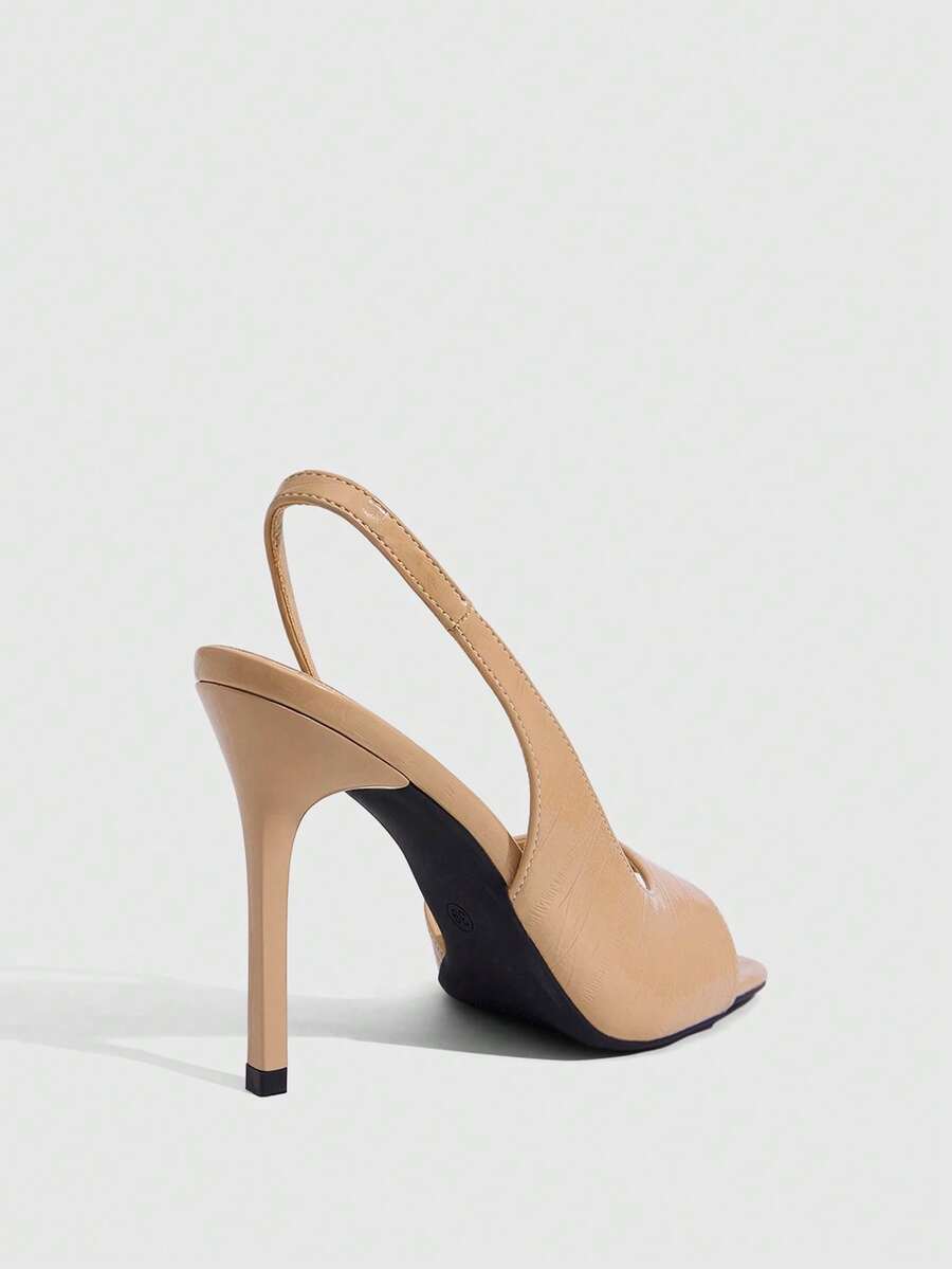 Women's burgundy open toe high heel sandals featuring an embossed finish and slingback strap