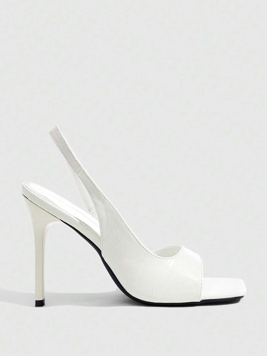 Women's burgundy open toe high heel sandals featuring an embossed finish and slingback strap