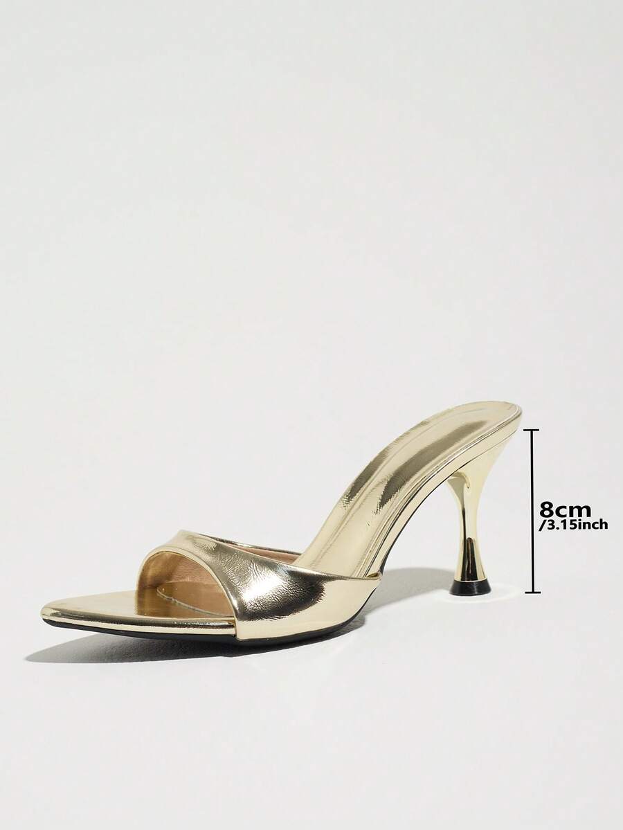 Women's open pointed toe stiletto mule high heel sandals featuring a glossy slip-on design.