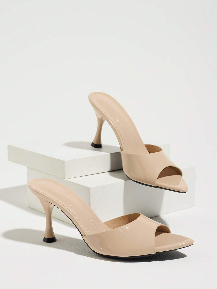 Women's open pointed toe stiletto mule high heel sandals featuring a glossy slip-on design.