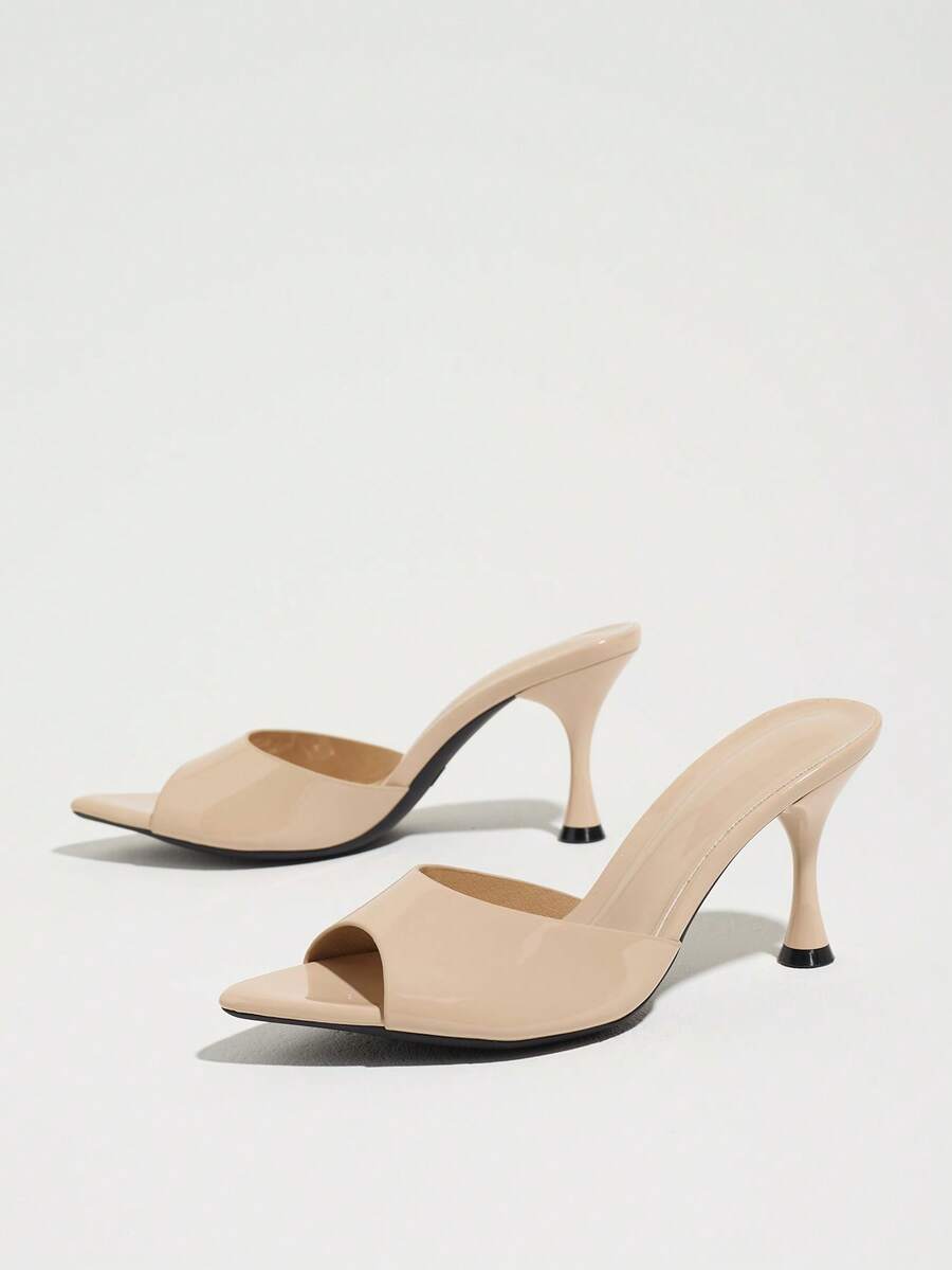 Women's open pointed toe stiletto mule high heel sandals featuring a glossy slip-on design.