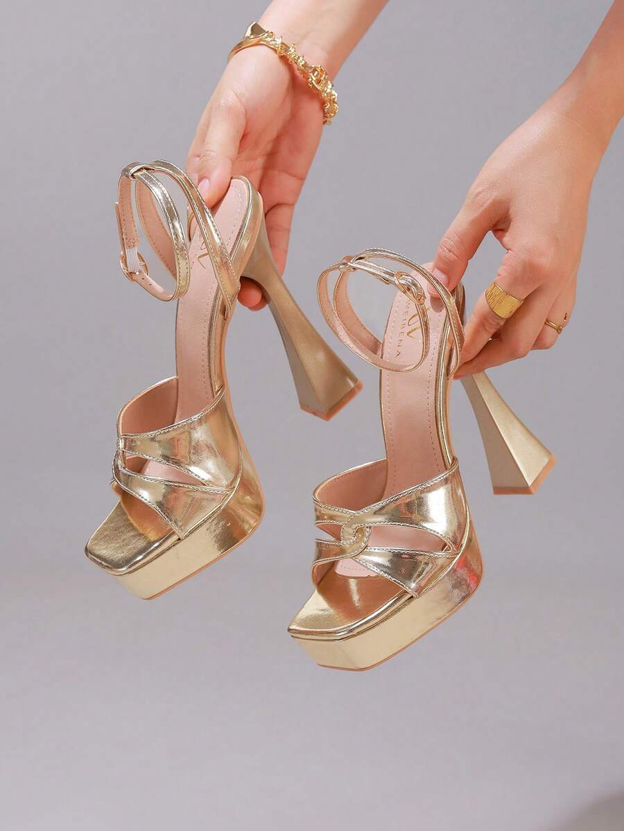 Lace embroidered open toe high heel sandals featuring a chunky square heel, platform wedge, and ankle strap buckle closure.