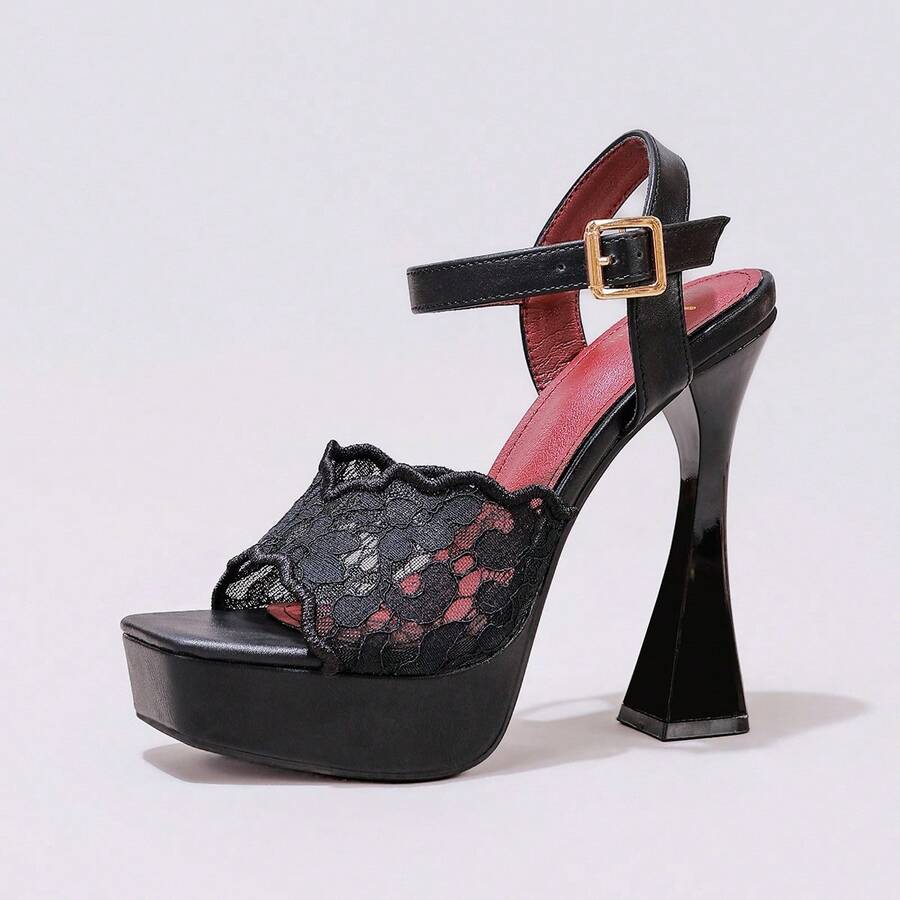 Lace embroidered open toe high heel sandals featuring a chunky square heel, platform wedge, and ankle strap buckle closure.