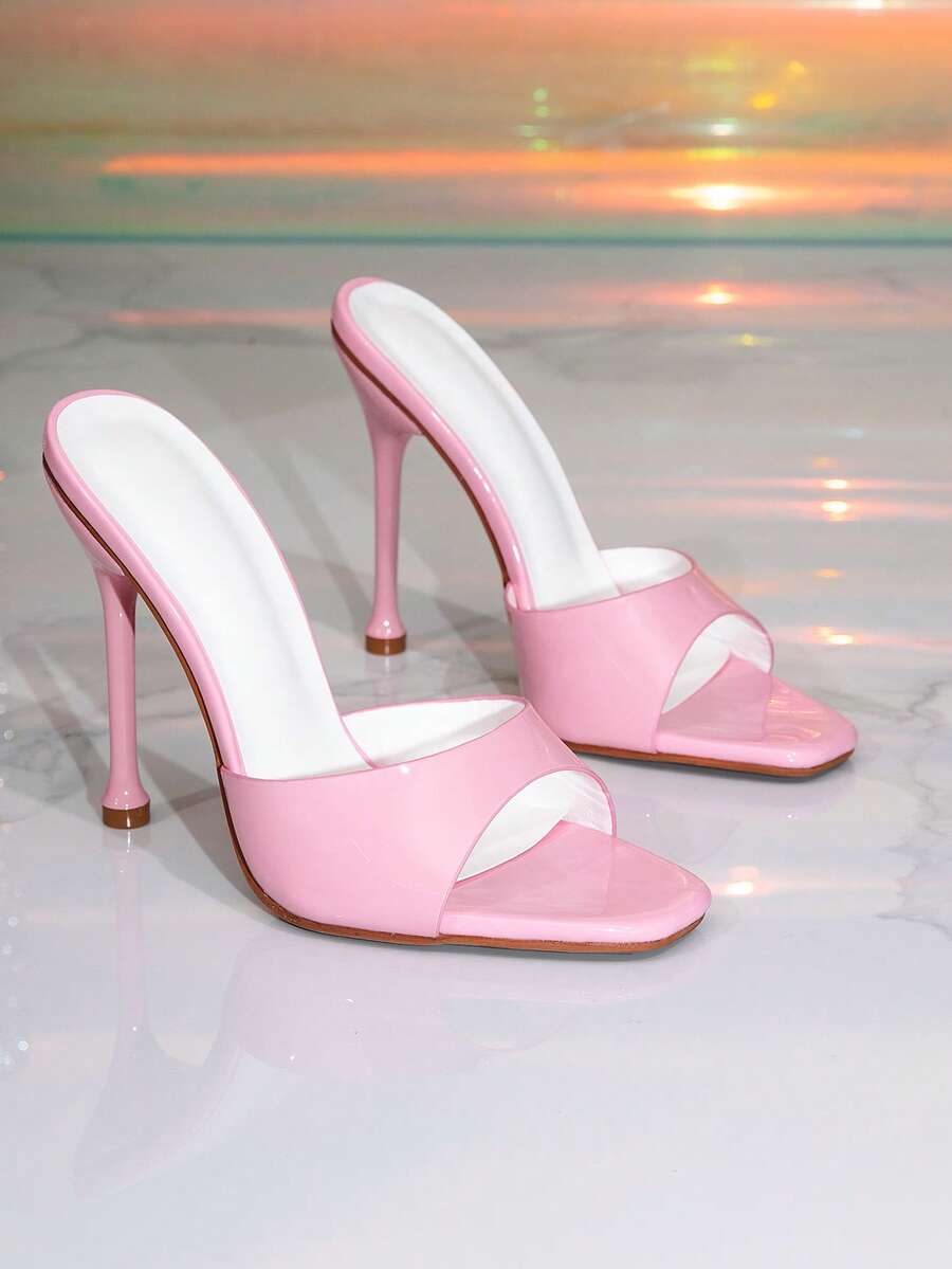 Square toe high heel mule sandals for women with pyramid accent, open toe, and stiletto heel