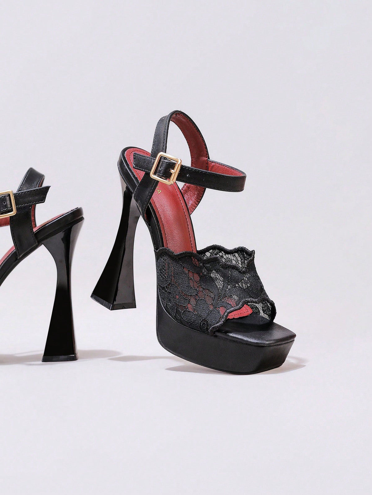 Lace embroidered open toe high heel sandals featuring a chunky square heel, platform wedge, and ankle strap buckle closure.