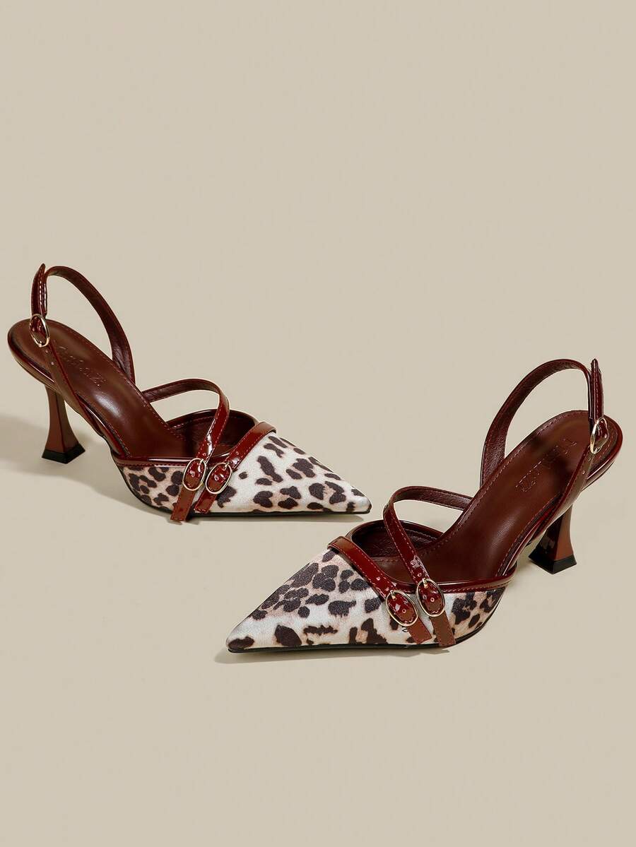 Women's coffee brown patent leather slingback pumps with pointed closed toe and sculpted wine glass high heel.