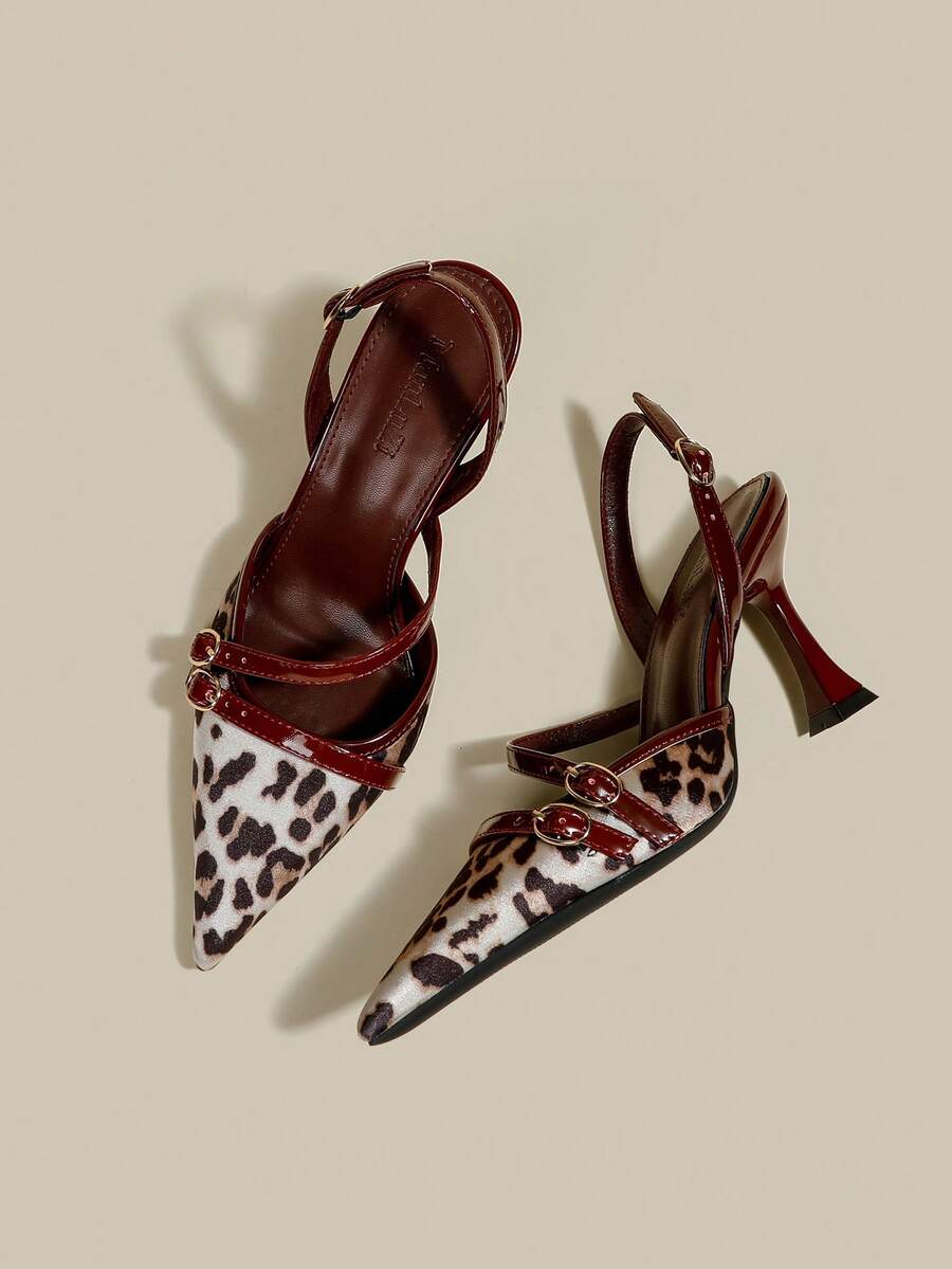 Women's coffee brown patent leather slingback pumps with pointed closed toe and sculpted wine glass high heel.