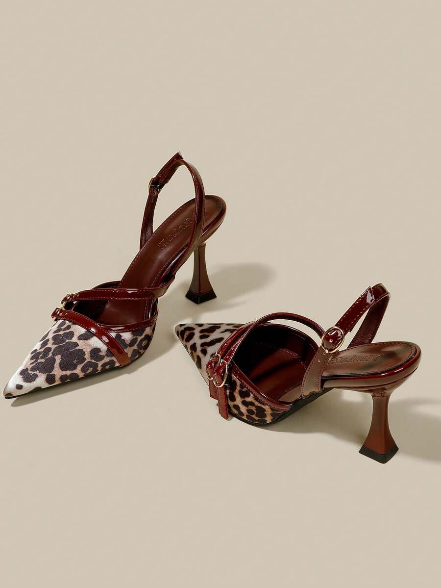 Women's coffee brown patent leather slingback pumps with pointed closed toe and sculpted wine glass high heel.