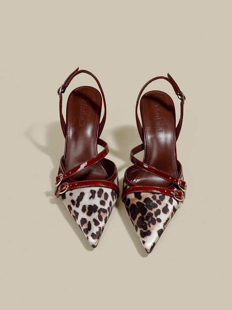 Women's coffee brown patent leather slingback pumps with pointed closed toe and sculpted wine glass high heel.