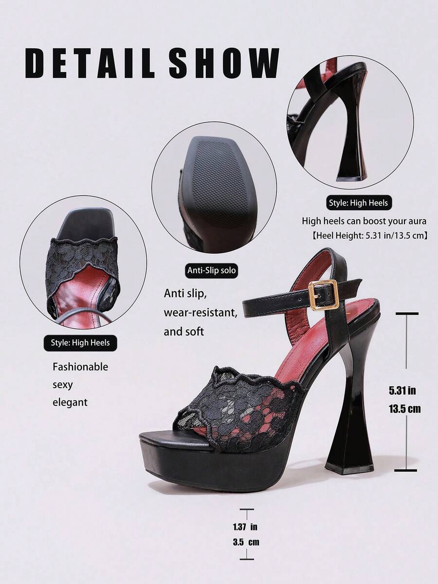 Lace embroidered open toe high heel sandals featuring a chunky square heel, platform wedge, and ankle strap buckle closure.