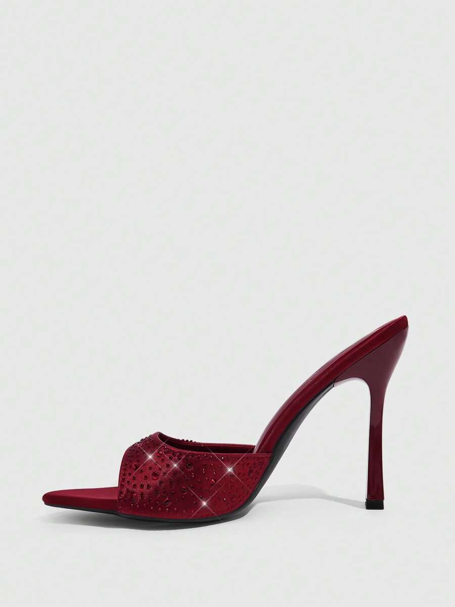 Pointed toe rhinestone high heel party sandals for women with stiletto heel and satin upper