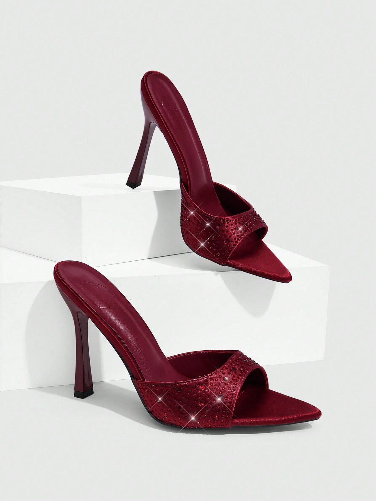 Pointed toe rhinestone high heel party sandals for women with stiletto heel and satin upper