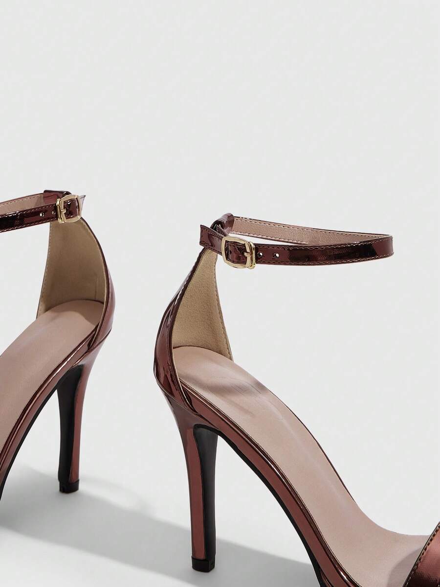 Women's open toe stiletto heeled sandals with ankle strap buckle closure