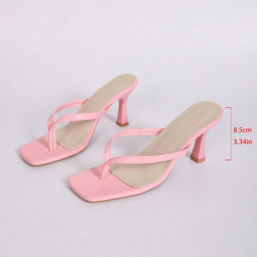Women's open square toe high heel thong sandals with a sleek slip-on strap and stiletto heel.