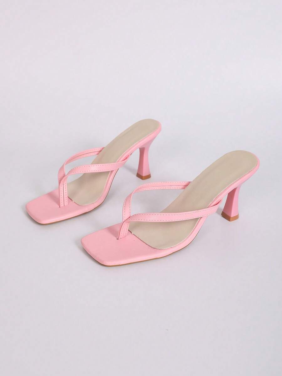 Women's open square toe high heel thong sandals with a sleek slip-on strap and stiletto heel.