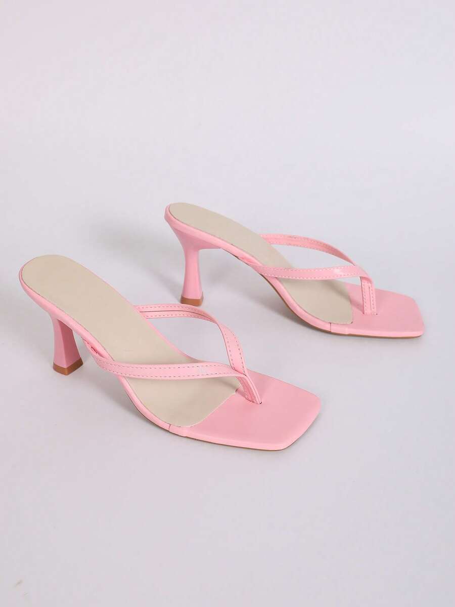 Women's open square toe high heel thong sandals with a sleek slip-on strap and stiletto heel.