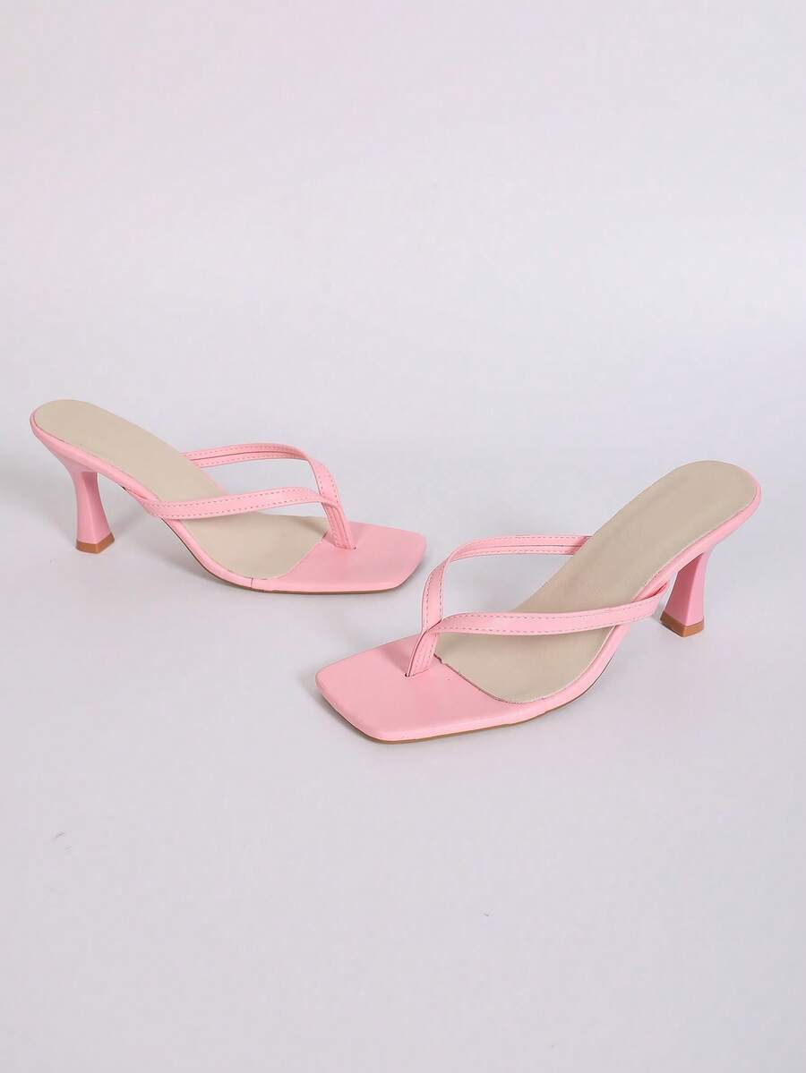 Women's open square toe high heel thong sandals with a sleek slip-on strap and stiletto heel.