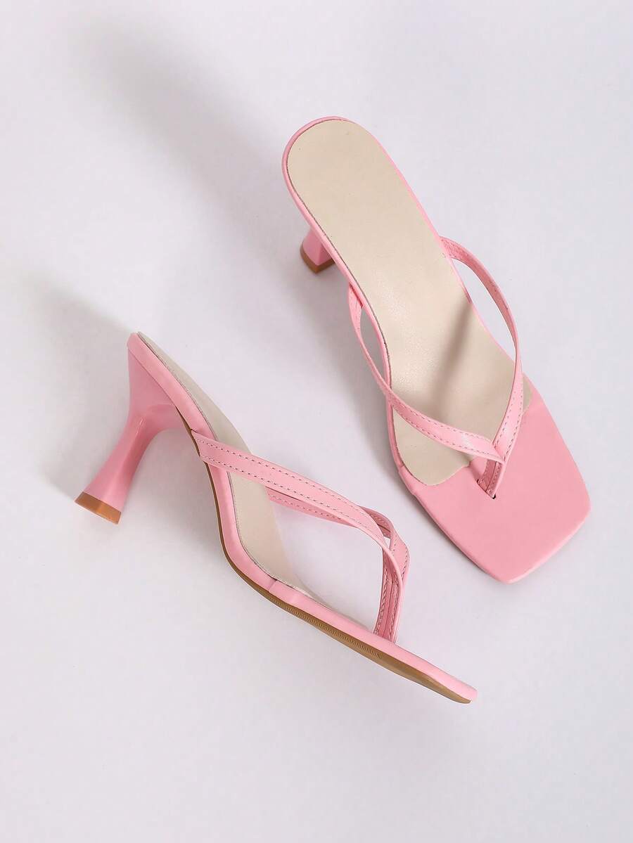 Women's open square toe high heel thong sandals with a sleek slip-on strap and stiletto heel.