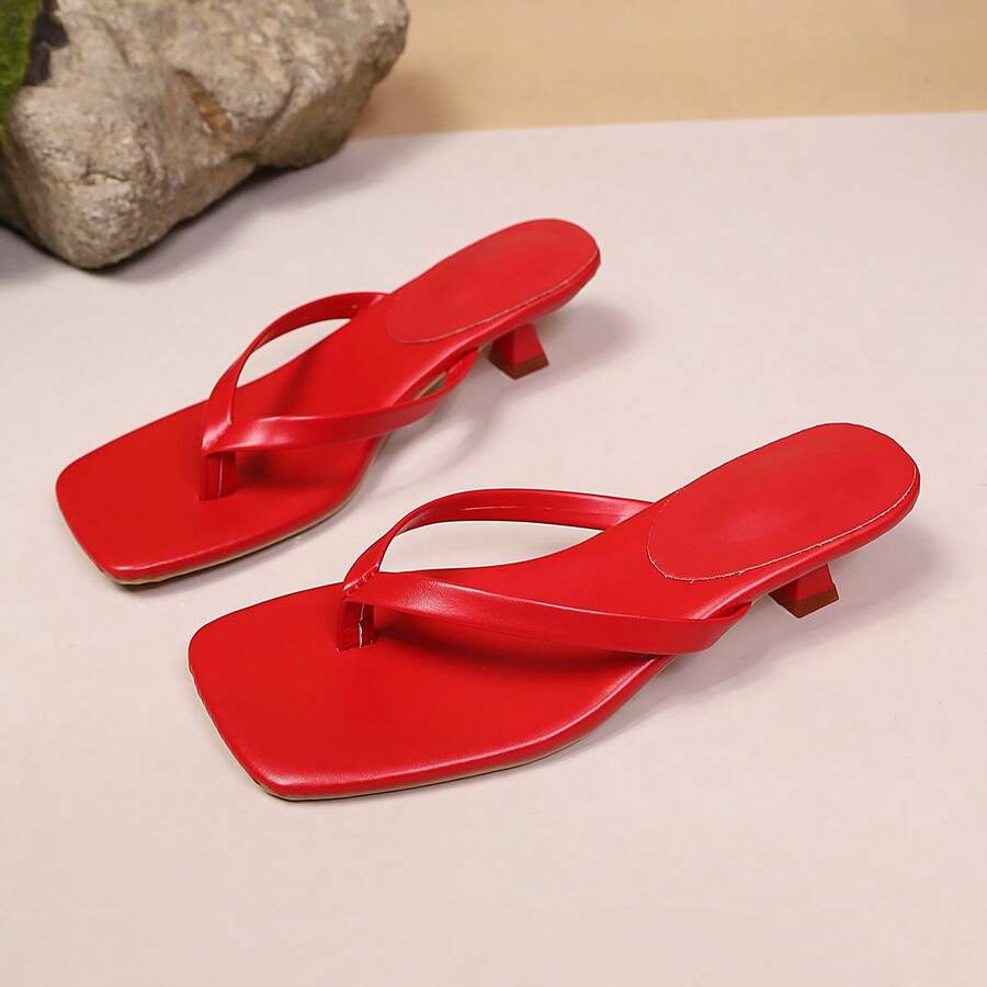 Women's square toe kitten heel thong sandals featuring a sleek toe-post strap and low heel design