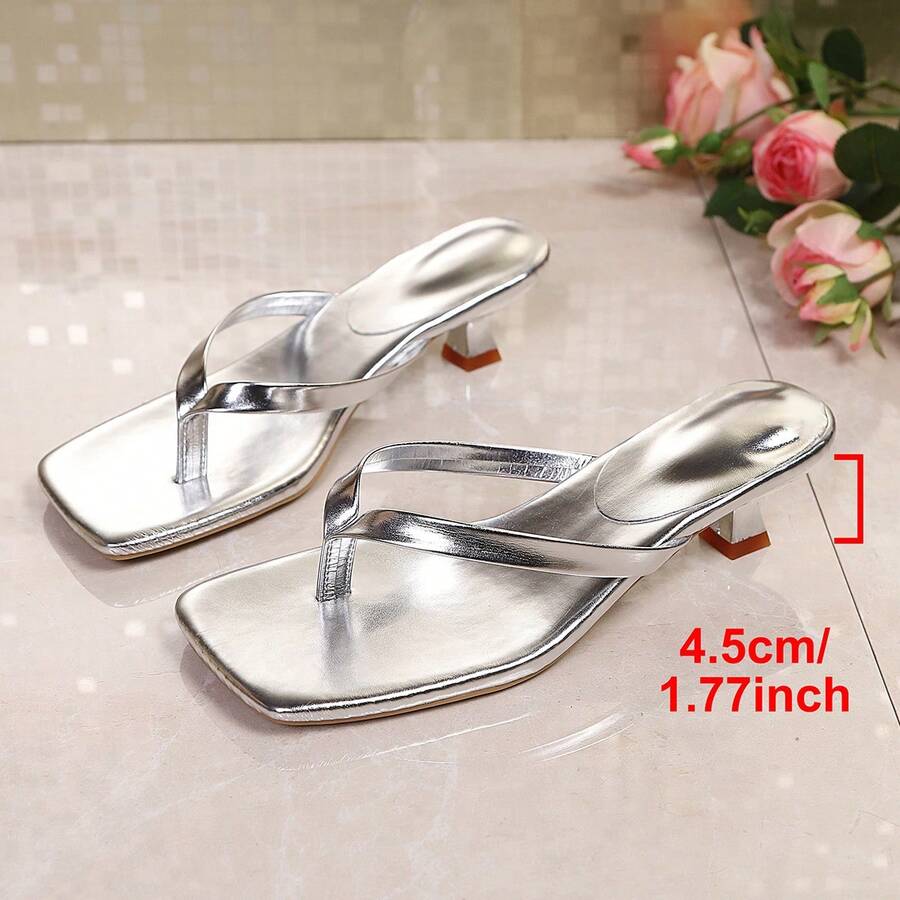 Women's square toe kitten heel thong sandals featuring a sleek toe-post strap and low heel design