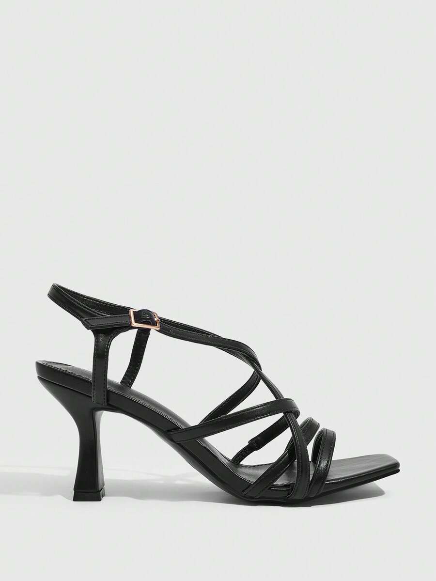 Women's metallic square toe Roman high heel sandals featuring cross straps and adjustable ankle buckle.