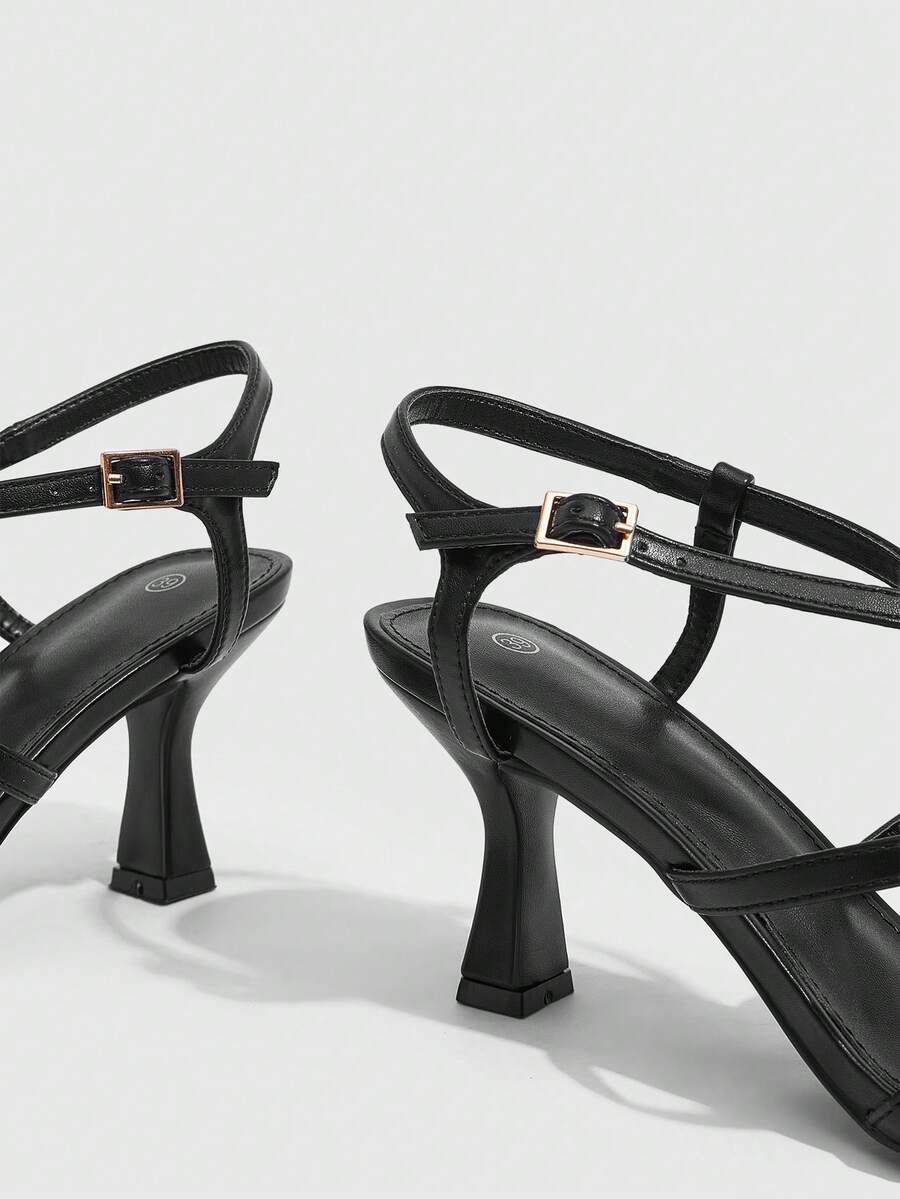Women's metallic square toe Roman high heel sandals featuring cross straps and adjustable ankle buckle.