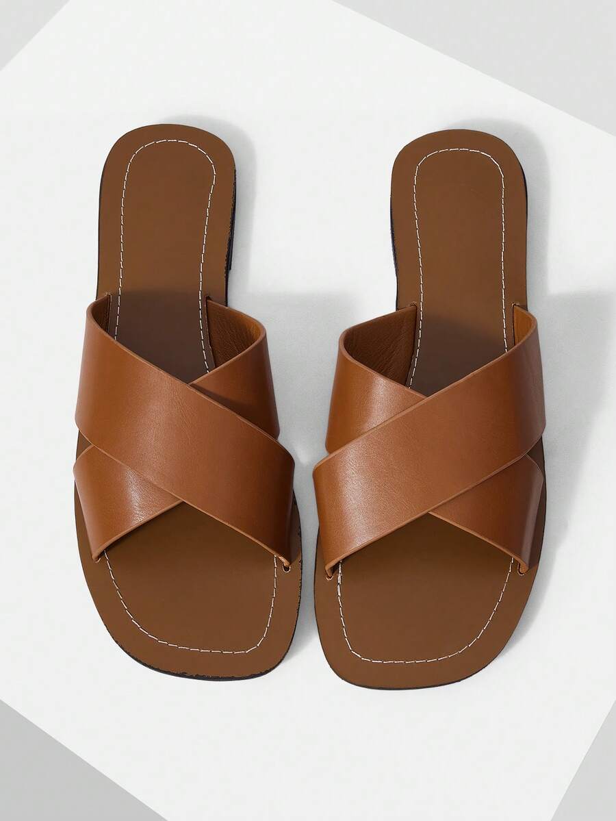 Retro women's square toe open toe flat slippers featuring a smooth PU leather finish and lightweight slip-on design.