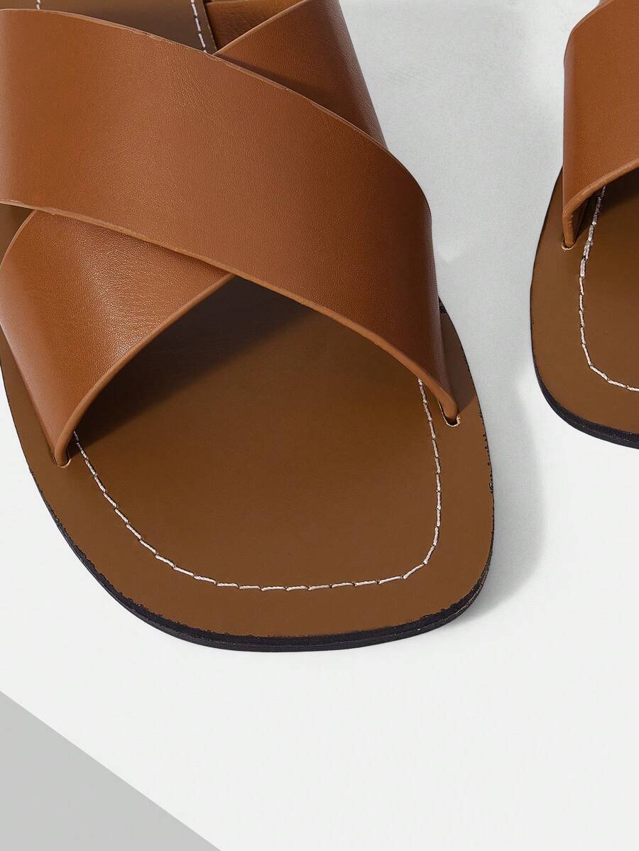Retro women's square toe open toe flat slippers featuring a smooth PU leather finish and lightweight slip-on design.