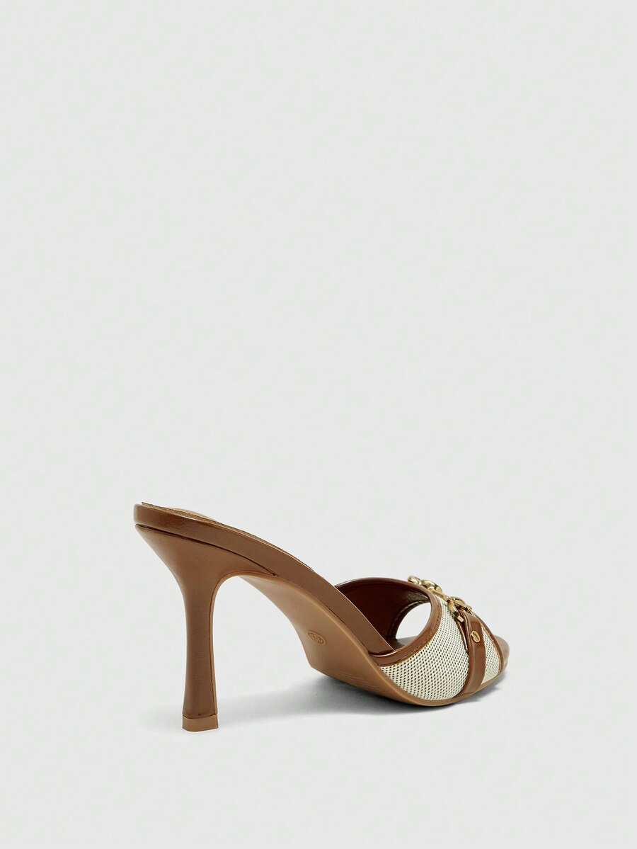 Women's beige high heel mule sandals with open round toe and metal chain detail