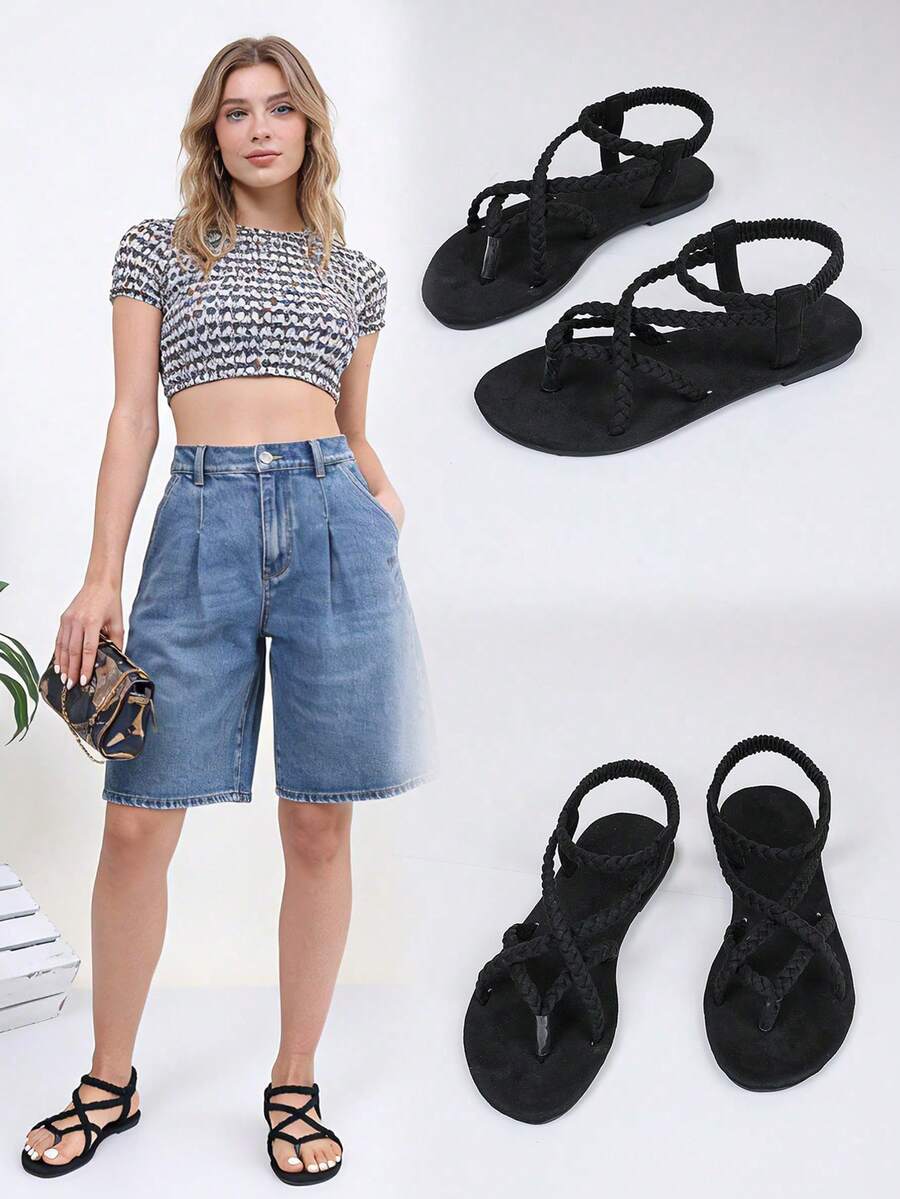 Women's lace-up flat slip-on sandals with round toe and hollow-out PU leather straps for beach and daily wear.