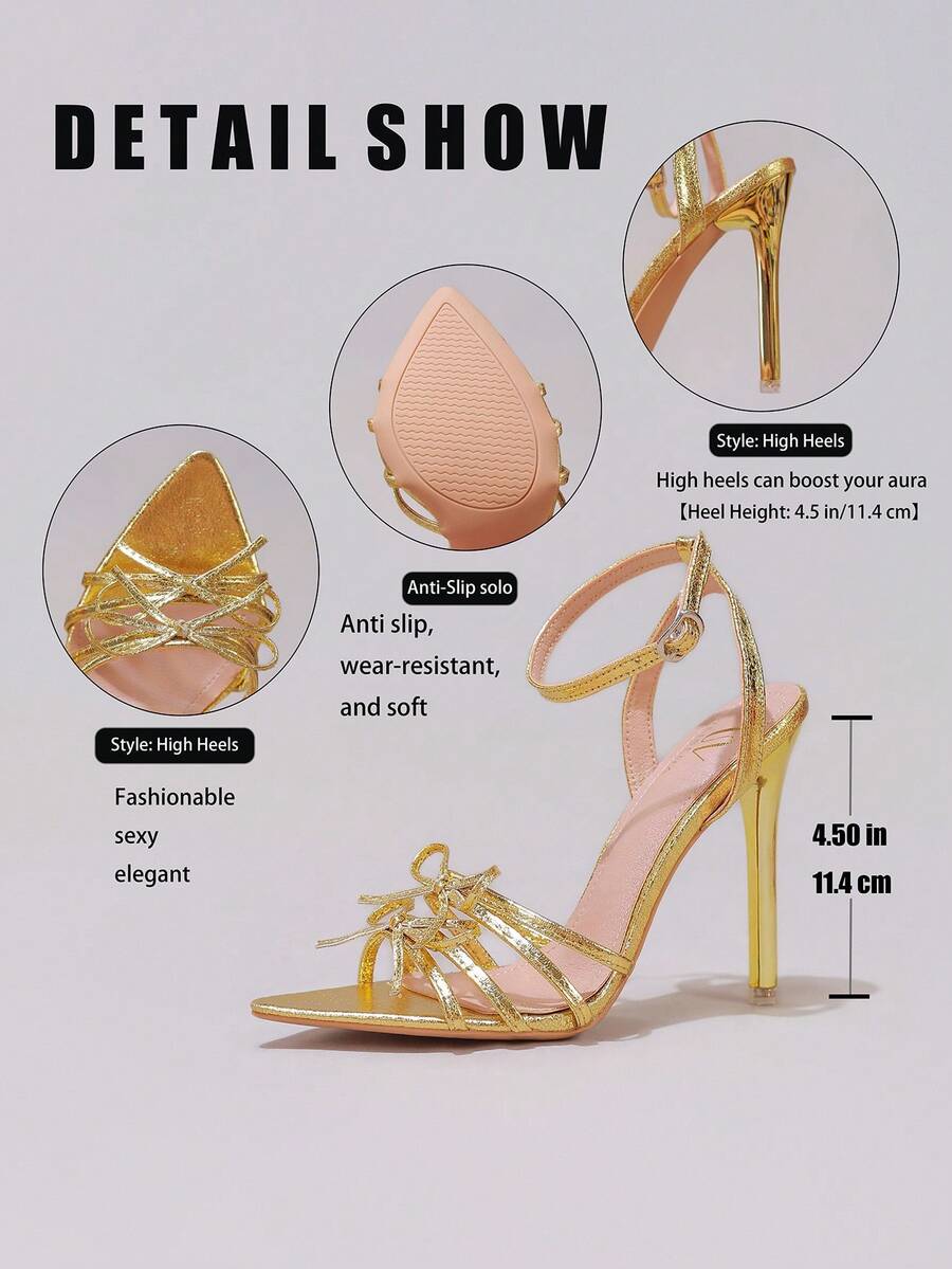 Lace stiletto high heel sandals with pointed open toe, ankle strap buckle, and bow detail