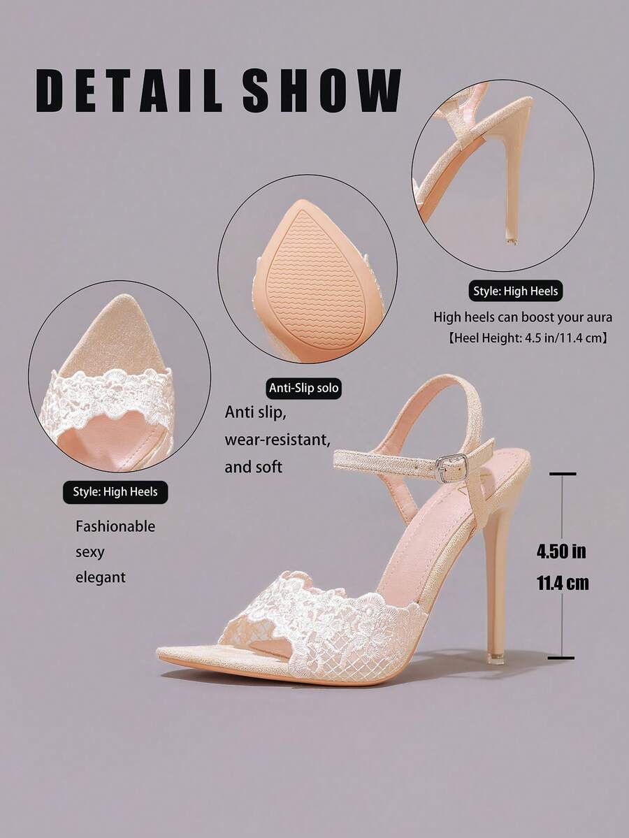 Lace stiletto high heel sandals with pointed open toe, ankle strap buckle, and bow detail