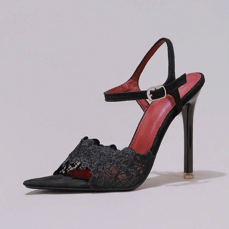 Lace stiletto high heel sandals with pointed open toe, ankle strap buckle, and bow detail