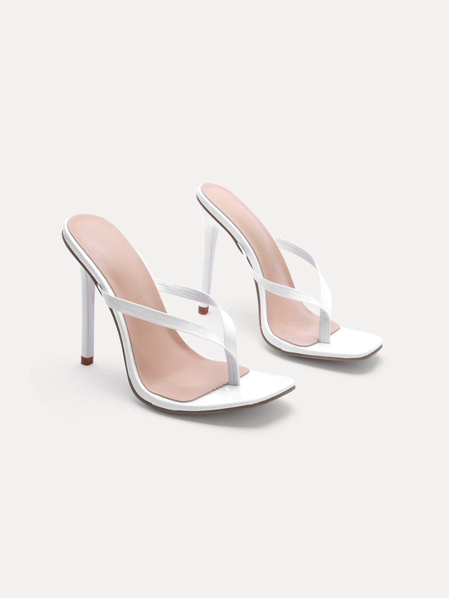 Women's metallic PU leather high heel sandals with open square toe, T-strap design, and stiletto heel in white