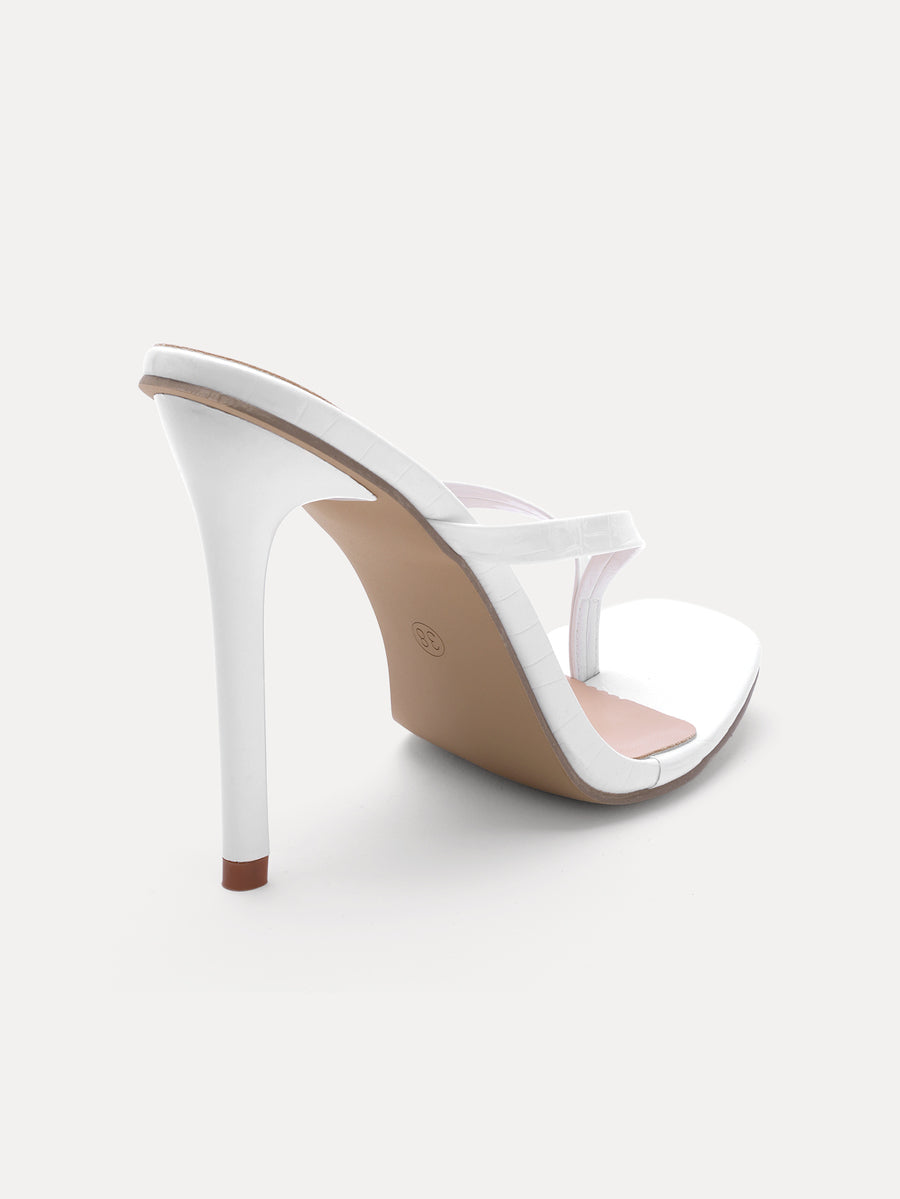 Women's metallic PU leather high heel sandals with open square toe, T-strap design, and stiletto heel in white