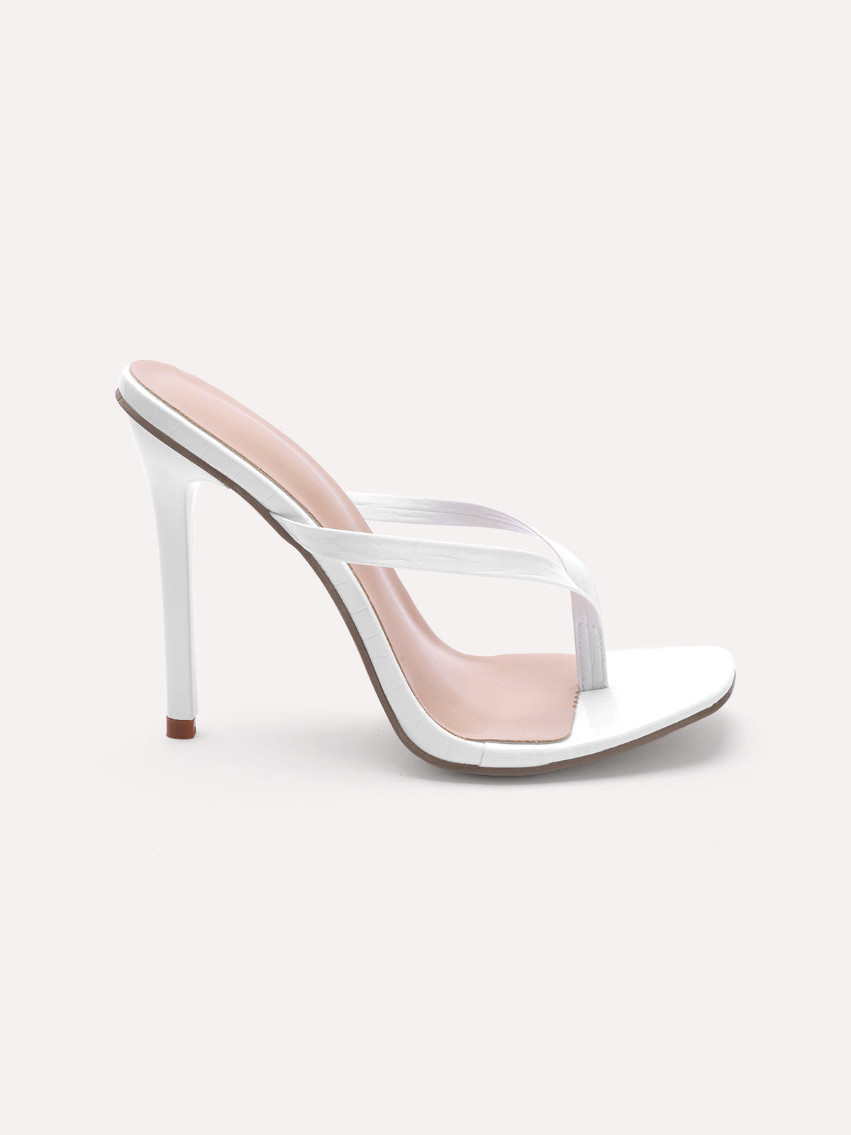 Women's metallic PU leather high heel sandals with open square toe, T-strap design, and stiletto heel in white
