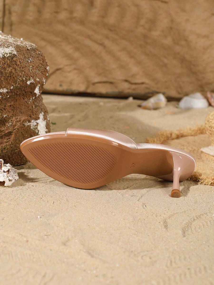 Women's open toe slip-on high heel sandals featuring a smooth satin strap and elegant stiletto mid heel.