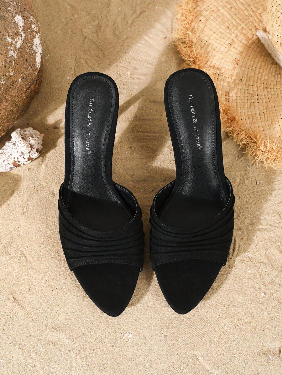 Women's open toe slip-on stiletto heel sandals featuring pleated satin design.