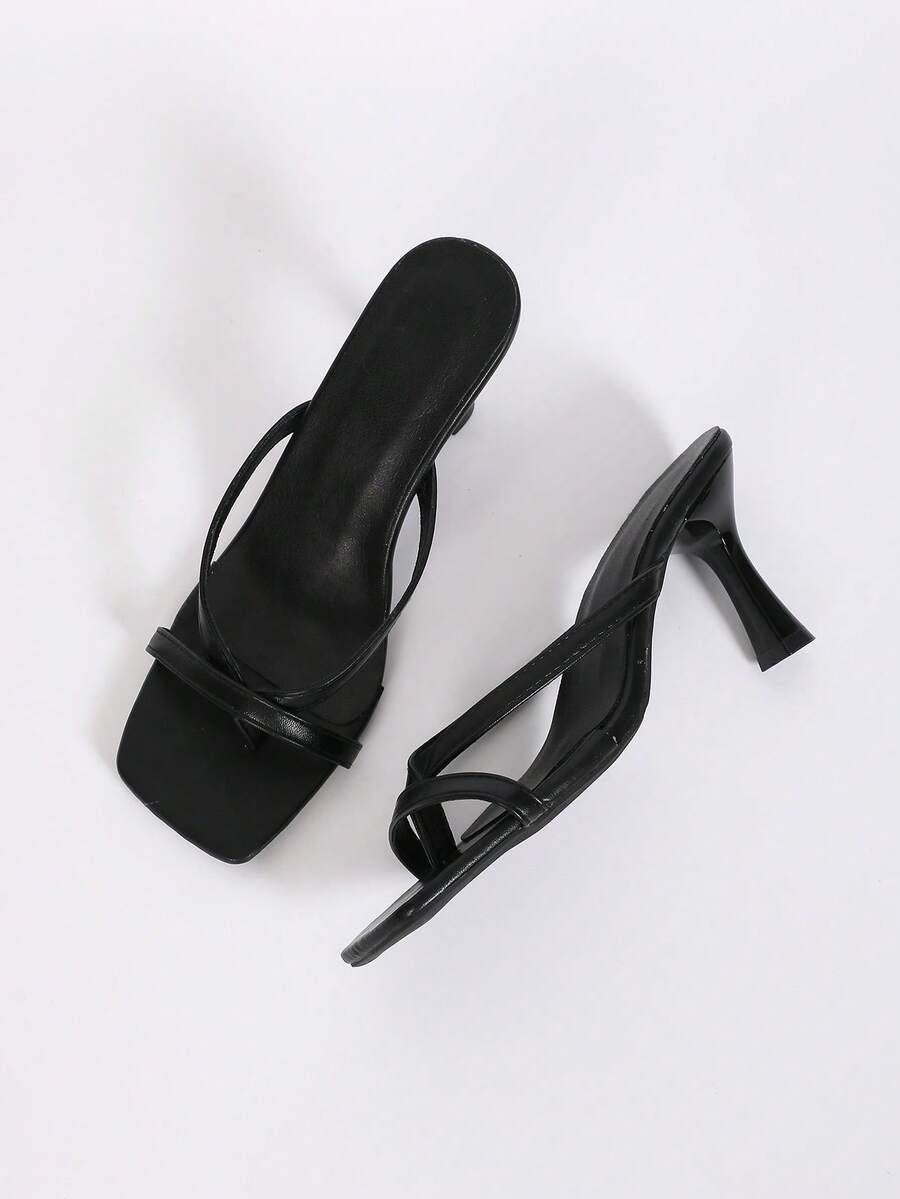 Women's open square toe high heel thong sandals with a sleek slip-on strap and stiletto heel.