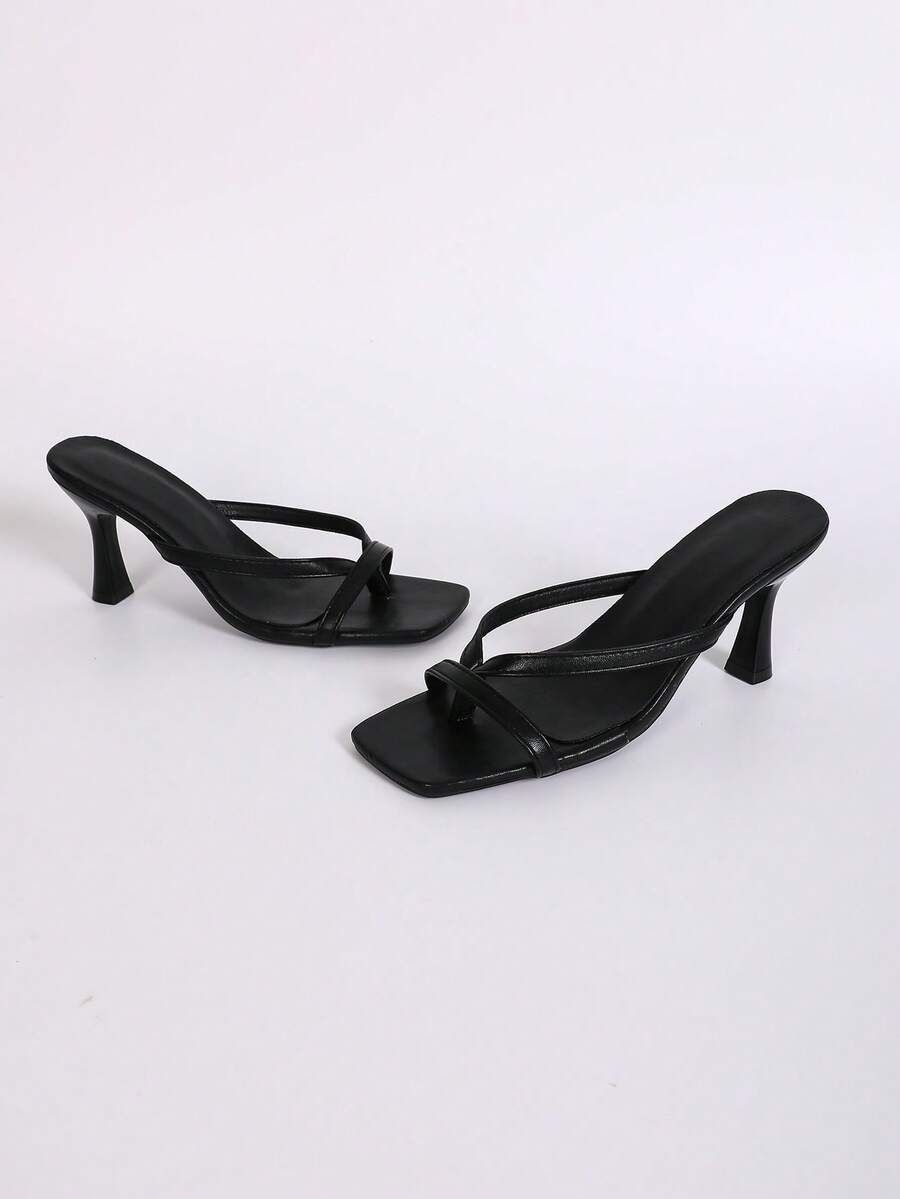 Women's open square toe high heel thong sandals with a sleek slip-on strap and stiletto heel.