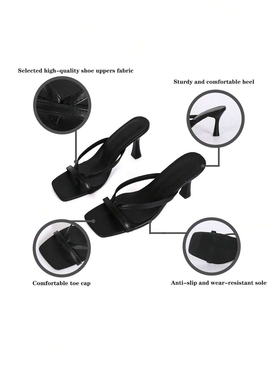 Women's open square toe high heel thong sandals with a sleek slip-on strap and stiletto heel.