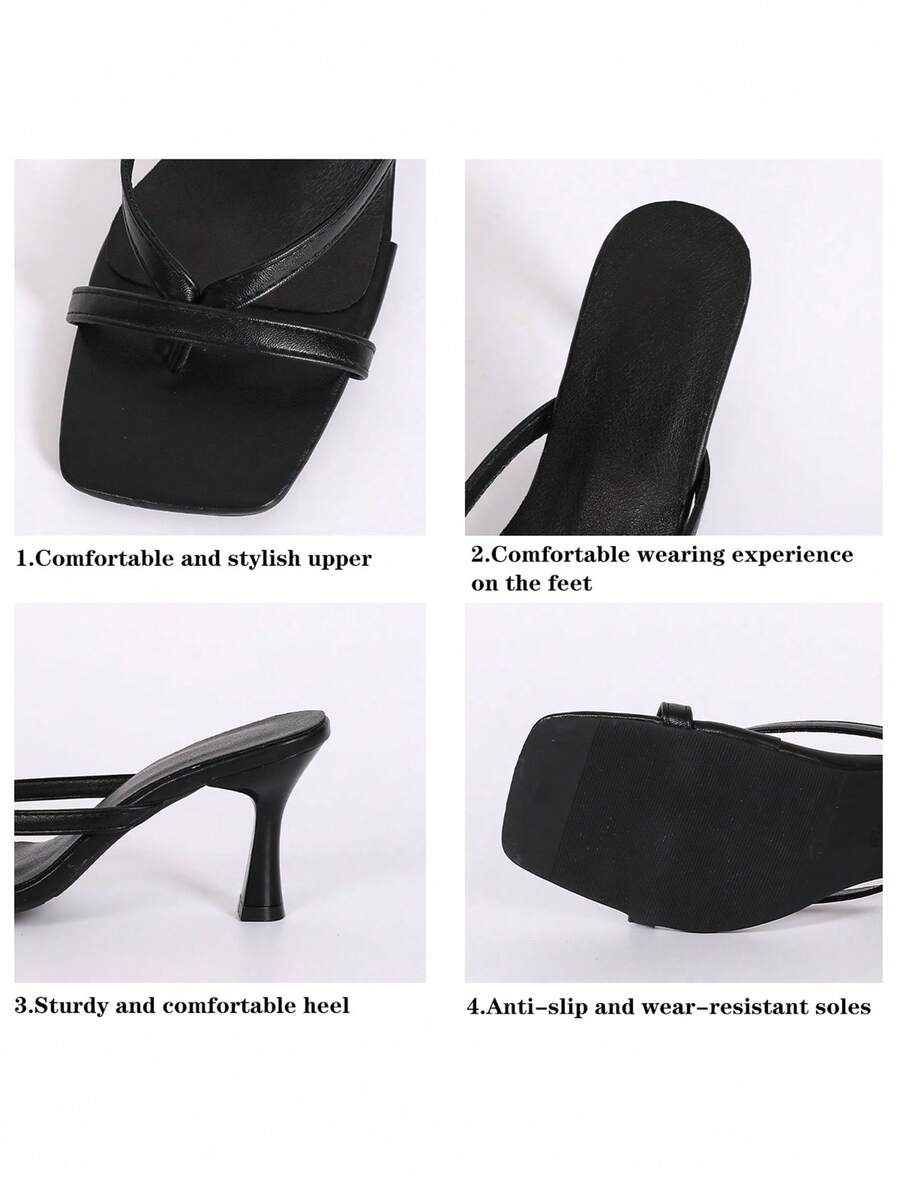 Women's open square toe high heel thong sandals with a sleek slip-on strap and stiletto heel.