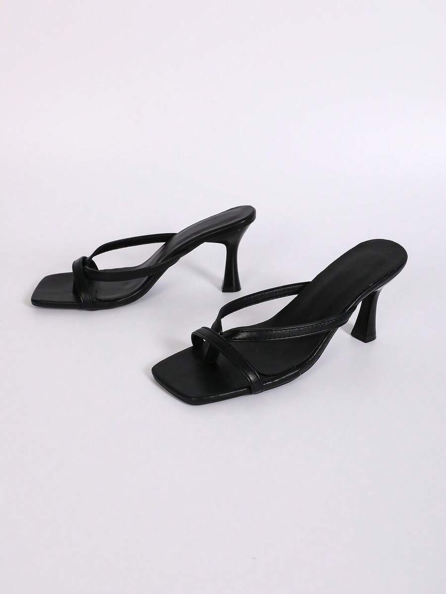 Women's open square toe high heel thong sandals with a sleek slip-on strap and stiletto heel.