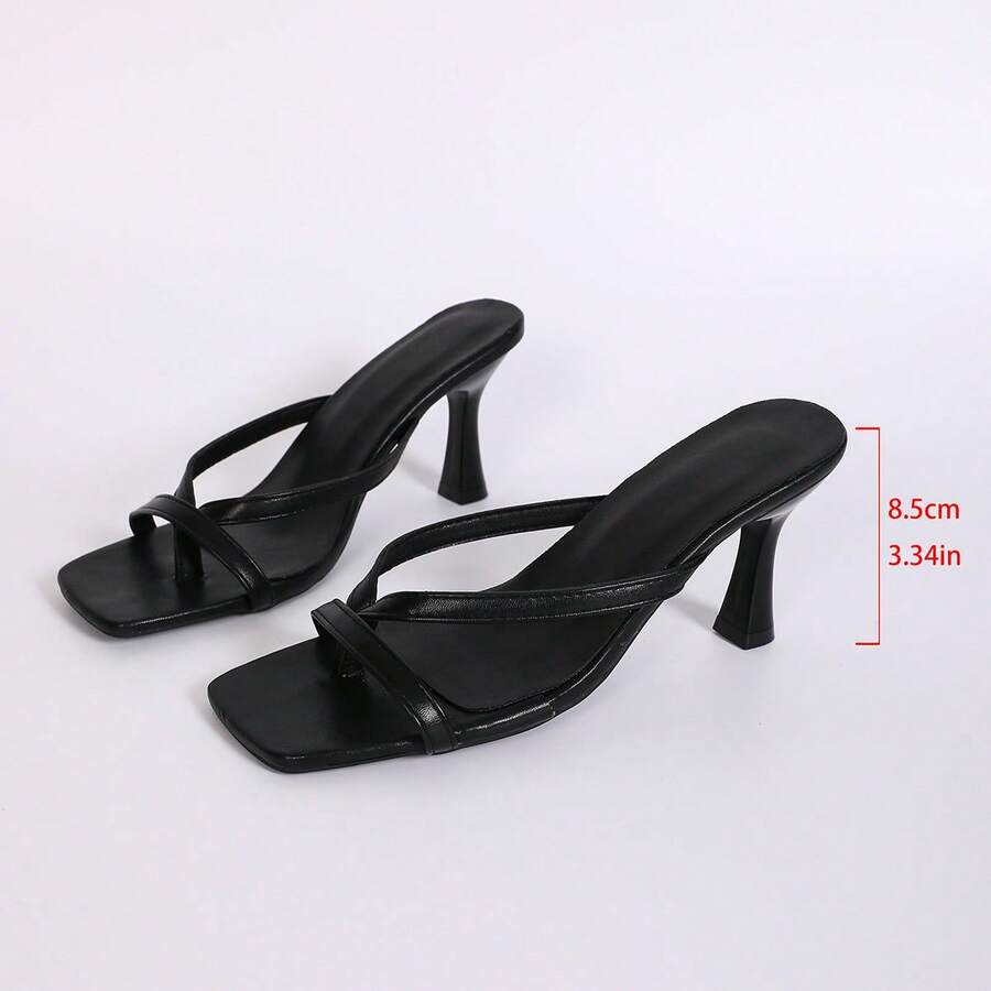 Women's open square toe high heel thong sandals with a sleek slip-on strap and stiletto heel.