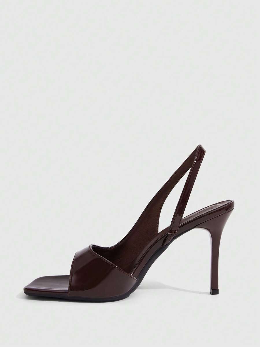 Women's burgundy open toe high heel sandals featuring an embossed finish and slingback strap